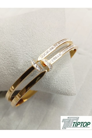 Zirkon Taşlı Çivi Model Gold Renk Kelepçe Bileklik Gold