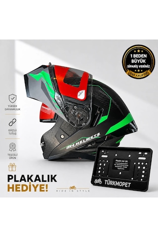 Mh Sports Çene Açılır Güneş Vizörlü Kask + Plakalık Siyah-yeşil