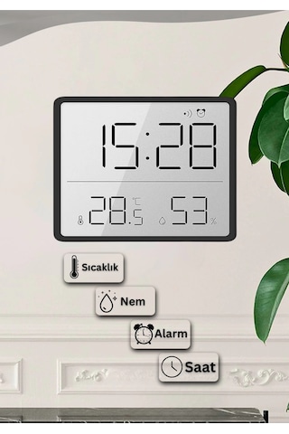 Dijital Oda Termometre Sıcaklık Ve Nem Ölçer Masa Saati Alarm Lcd Ekran Duvara Takılır Siyah