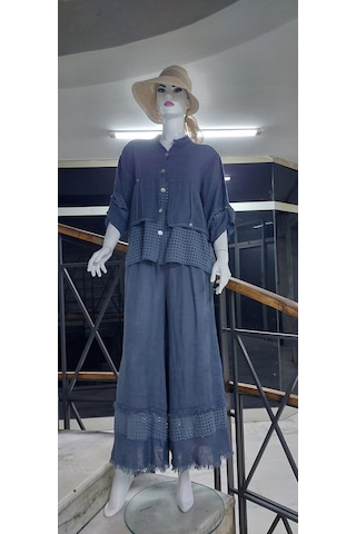 Bohem Stil İtalyan Fisto Detaylı Keten Pantolon Ceket Takım-9196 Gri