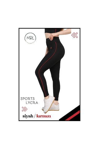 Kadın Yüksek Bel Toparlayıcı Spor Tayt Siyah / Kırmızı Şerit Detaylı Lycralı Dalgıç 1041 Siyah Kırmızı