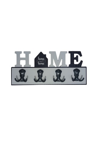 Dyris Home Sweet Home Duvar Askılığı 45x20 Cm Mdf 4 Kancalı Dekoratif Askılık, Antre Ve Hol İçin Gri - Siyah