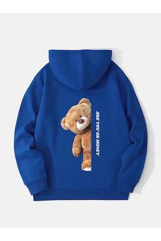Unisex Are You Ok Honey Baskılı Kapüşonlu İçi Yumuşak Polarlı Oversize Sweatshirt - Saks Mavisi Saks Mavisi