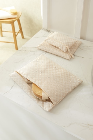 Ocean Home Textile 3'lü Su Geçirmez Pvc Astarlı Bej Dama Desen Islak Kuru Çantası 20 X 13 / 24 X 20 / 30 X 24 Cm