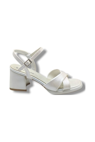 Erbay 405-26 Cilt Deri Çapraz Bant Kalın Topuk Anatomik Kadın Sandalet 7cm Beyaz