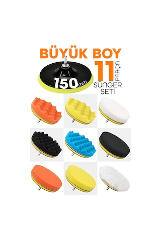 150mm 11 Parça Mega Boy Pasta Cila Elyaf Polisaj Süngeri Matkap Uyumlu Parlatma Seti
