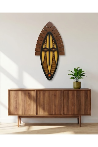 Modern Afrika Tarzı Ahşap Duvar Mask Mdf - Sarı Siyah Geometrik Tribal Duvar Sanatı 1