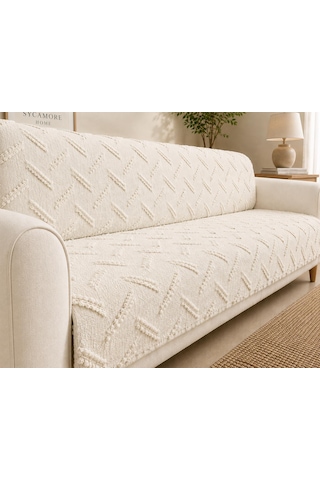 Sycamore Home Koltuk Örtüsü 175x215 Cm Çekyat Örtüsü, Kaymaz, Yıkanabilir, Lüks Kumaş Şönil Jakarlı Krem