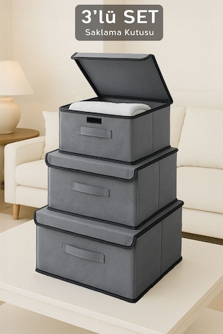 3'lü Kapaklı Saklama Kutusu Seti - Çok Amaçlı Dolap İçi Organizer Çamaşır Oyuncak Düzenleyici Gri Gri