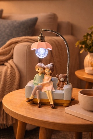 Romantik Çift Figürlü Işıklı Biblo Genç & Yatak Odası Dekoru - Sevgiliye Hediye, 18 Cm Pembe