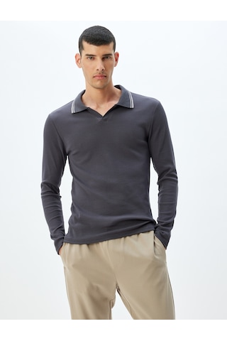 Koton Slim Fit Tişört Uzun Kollu V Yaka Polo Pamuklu Antrasit 5wam10197hk Antrasit