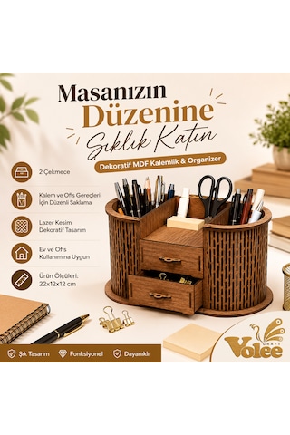 Çekmeceli Ahşap Kalemlik - Masaüstü Düzenleyici Ve Organizer