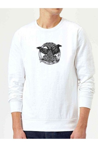 Viking Mitolojisi Odin Raven Baskılı Beyaz Erkek Sweatshirt