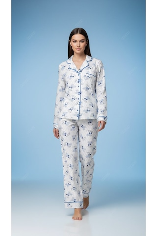 Divinus Tavşan Desenli Gömlek Yakalı Beyaz/mavi Kadın Pijama Takımı Beyaz - Mavi