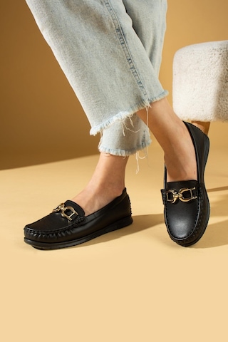 Shoetek Gerda Kadın Makosen Ayakkabı Tokalı Babet Siyah Cilt Siyah Cilt