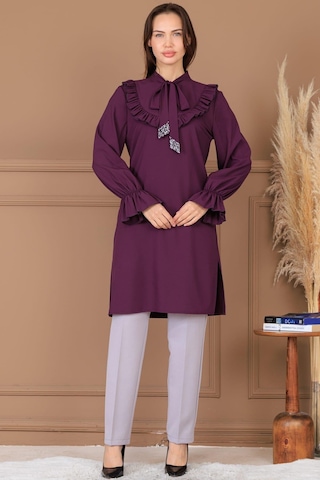 Asel Tunik Pantolon İkili Tesettür Takım Mürdüm Mürdüm