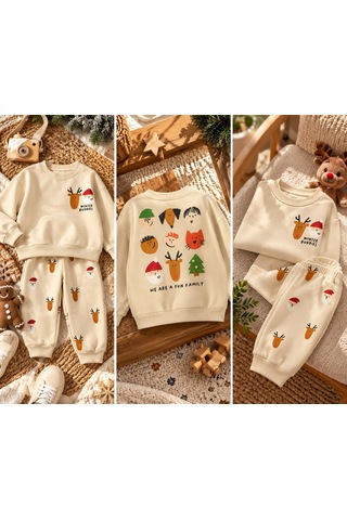 Lolliboomkids Krem Renk Winter Buddies Baskılı Alt Üst Takım Eşofman - Sweatshirt