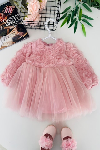 Miniğimin Cicileri Gül Desenli Kız Çocuk Uzun Kol Abiye Elbis... Pembe