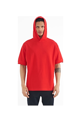 Tommylife Tommy Life Kırmızı Kapüşonlu Kol Etiket Detaylı Oversize Erkek T-shirt - 88179 Kirmizi