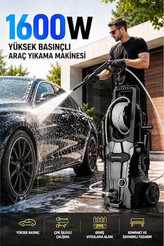 Exenar - Siyah - Cw55 Ev Tipi Araç Yıkama Makinesi Kablolu Evde Oto Yıkama Cihazı 1600w 75 Bar Basınçlı Su