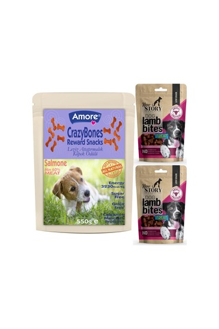 Amore Crazybones Somonlu Atıştırmalık Köpek Ödülü 550 G + Lamb Bites Köpek Ödülü 2'li