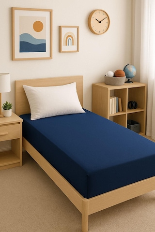 2 Adet Düz Pamuklu Tek Kişilik 140 X 200 Cm Lastikli Penye Çarşaf Beyaz - Lacivert