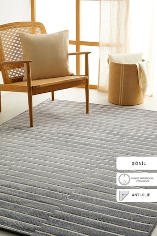 Ocean Home Textile Gri Renk Çizgi Desenli Şönil Halı Kilim 120 X 180 Cm