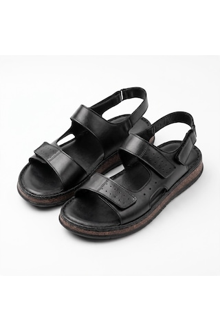 Fame Step Hakiki Deri Unisex Ortopedik Sandalet Yumuşak Taban Cırtlı Comfort Yazlık Günlük Terlik Siyah