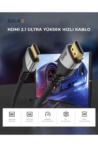 Solke Hdmı 2.1 Kablo 8k 60hz 4k 120hz 48gbps Ultra High Speed Örgülü Alüminyum 2 M