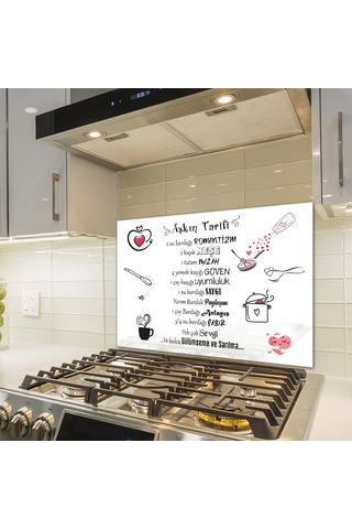 Cam Ocak Arkası Koruyucu Aşkın Tarifi Beyaz Fon 49,5cm X 76