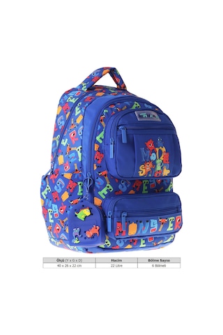Kaukko Kids Erkek Çocuk Moster Baskılı Monster Altı Bölmeli İlkokul Sırt Çantası - L5404 Mavi