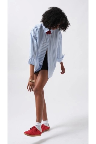 Defymoda Çizgili Detay Oversize Gömlek Mavi