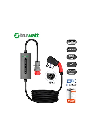 Truwatt 5 Metre 22kw Taşınabilir Elektrikli Araç Şarj Aleti