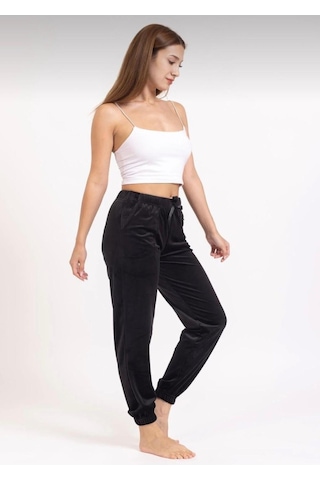 Kadın Soft Cepli Fransız Kadife Tek Alt Pijama SiYAH