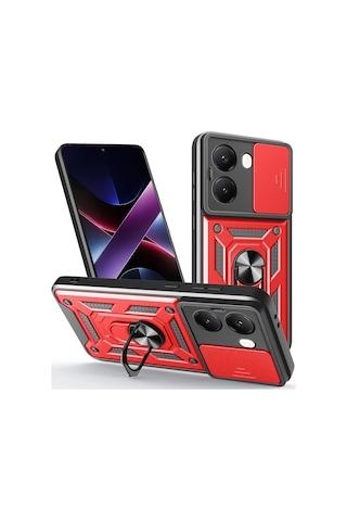 Xiaomi Poco X7 Pro İle Uyumlu Kılıf Magnetik Standlı Kamera Korumalı Sürgülü Kapak Kirmizi