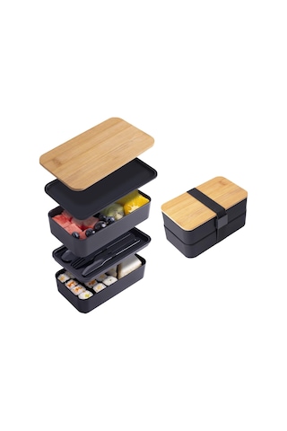 Shineyee Çift Katlı Bambu Kapaklı Japon Stili Bentobox - Mikrodalga Uygun, Yemekleri Ayıran Bölmeli, 420g, İş/okul İçin Taşınabilir Isı Saklama Çantası Hariç Siyah