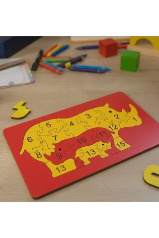 Eğitici Ahşap Gergedan Ailesi Puzzle - 15 Parça Sayı Öğretici - 26x15 Cm Mdf