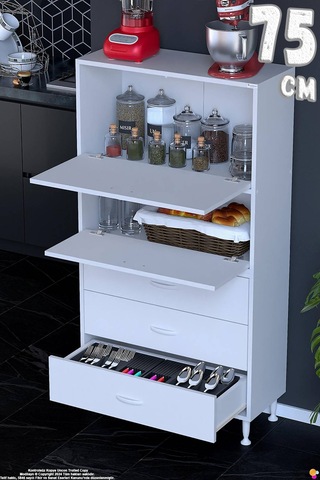 More 75 Cm Çok Amaçlı Organizer Mutfak Kiler Banyo 2 Kapaklı 3 Çekmeceli Mutfak Dolabı 75x150x32 Cm Beyaz