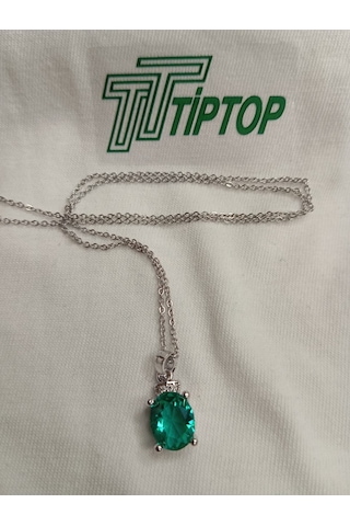 Tiptop/yeşil Taşlı Ve Gümüş Renk Yuvarlak Dorikalı Üç İncili Çelik Kolye Set Gümüş