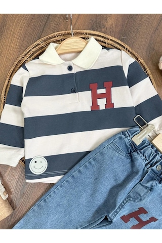 Şerit Çizgili Detaylı Likralı Polo Yaka Erkek Bebek Takım Lacivert