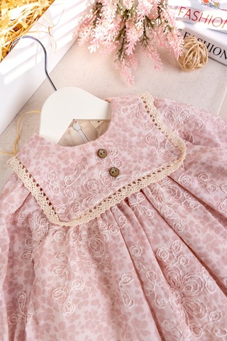 Babymod Kabartma Çiçekli Dantelli 100% Pamuk Özel Gün Kız Bebek Elbise Pembe