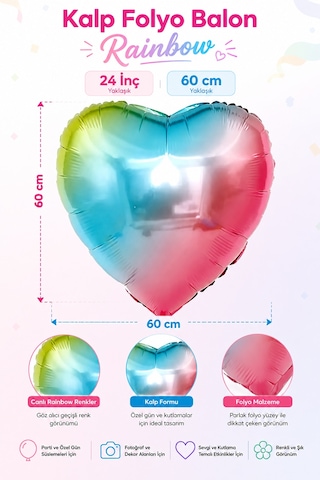 Folyo Balon Kalp Rainbow 24 İnç 60 Cm Renkli Doğum Günü Nişan Söz Düğün Parti Süsleme Balonu Çok Renkli