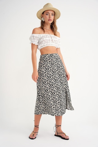 4696 Kadın Yırtmaç Detaylı Çiçek Desenli Midi Dokuma Etek Siyah Siyah