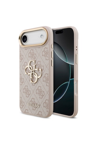 Apple Uyumlu iPhone 17 Air Kılıf Guess Lisanslı Gold Metal Kamera Çerçeve Metal Büyük 4g Yazı Logolu Kapak Pembe Pembe