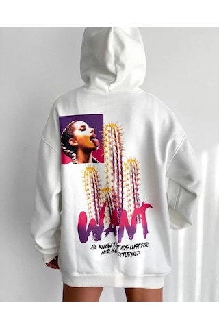 Etiler Collection Baskılı Üç İplik Kapüşonlu Oversize Sweatshirt - Beyaz