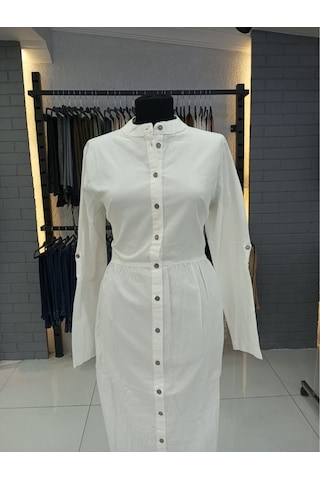 Kumaşlı Boydan Düğmeli Kot Elbise- Beyaz 001