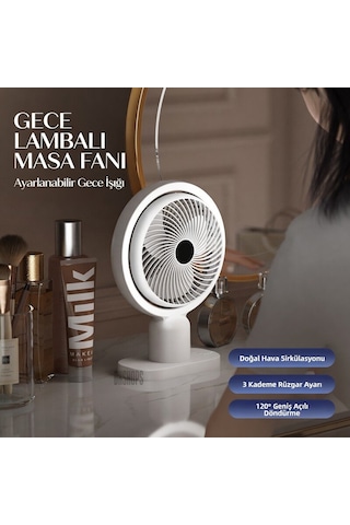 Usb Şarjlı Lambalı Masaüstü Mini Fan 3 Kademeli Hız Ayarlı 180 Derece Vantilatör