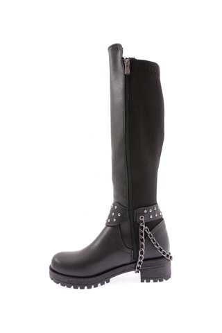 Dgn 607 Kadın Bilek Tokalı Zincir Detaylı Arkası Stretch Knee High Flats Çizme Siyah