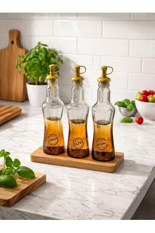 Ahşap Standlı 3 Lü Cam Yağdanlık Seti 250 Ml Zeytinyağı Sirkelik Limonluk Balsamic Şişe Şeffaf