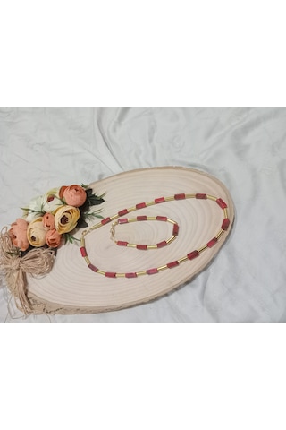 Şık Kırmızı Modern Kolye Ve Bileklik Takı Seti Kırmızı